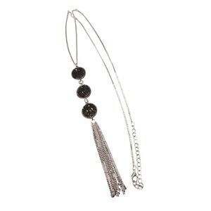 Silver Tone Black Faux Druzy Triple Circle Tassel Drop Long Statement‎ Necklace